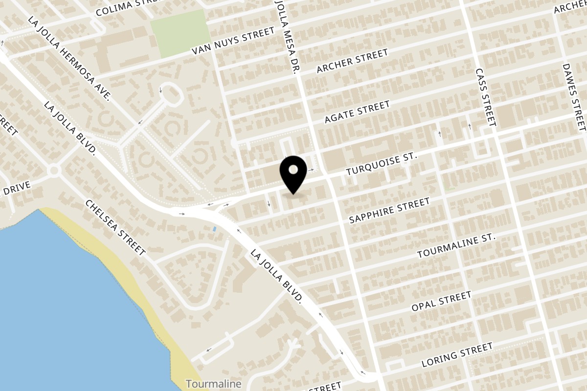 Map showing the location of Akhis Authentic Shawarma & Kebab on 747 Turquoise St UNIT 200 in San Diego